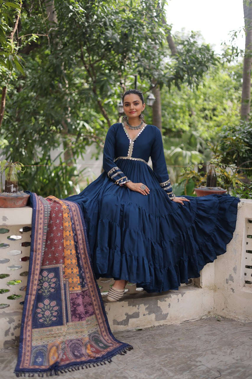 Women’s Ethnic Wear Designer Long Anarkali Gown with Elegant Detailing and Printed Dupatta