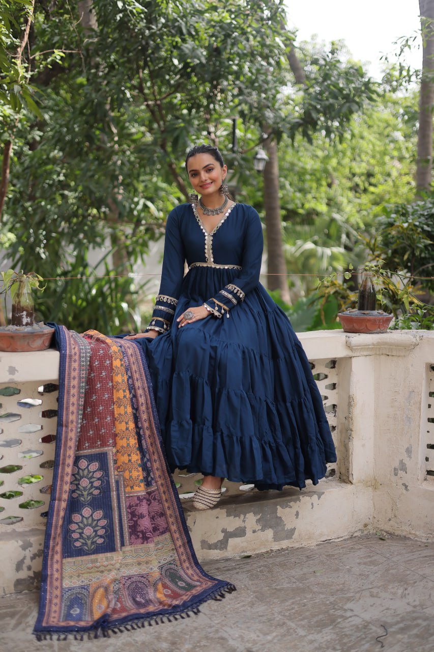 Women’s Ethnic Wear Designer Long Anarkali Gown with Elegant Detailing and Printed Dupatta