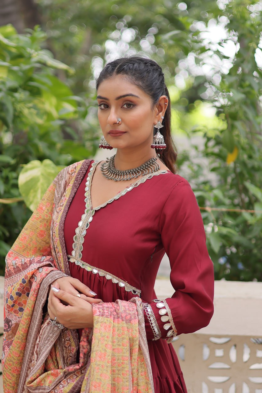 Women’s Ethnic Wear Designer Long Anarkali Gown with Elegant Detailing and Printed Dupatta