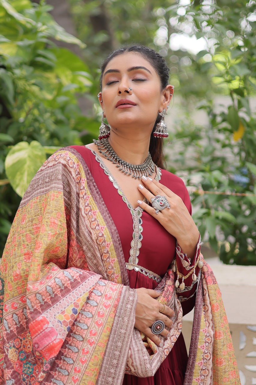 Women’s Ethnic Wear Designer Long Anarkali Gown with Elegant Detailing and Printed Dupatta