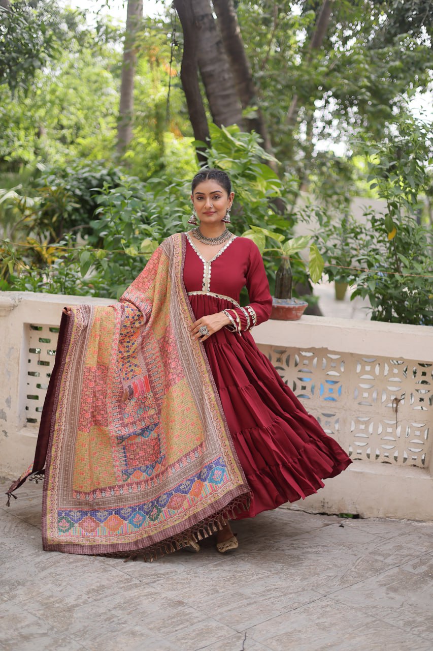 Women’s Ethnic Wear Designer Long Anarkali Gown with Elegant Detailing and Printed Dupatta