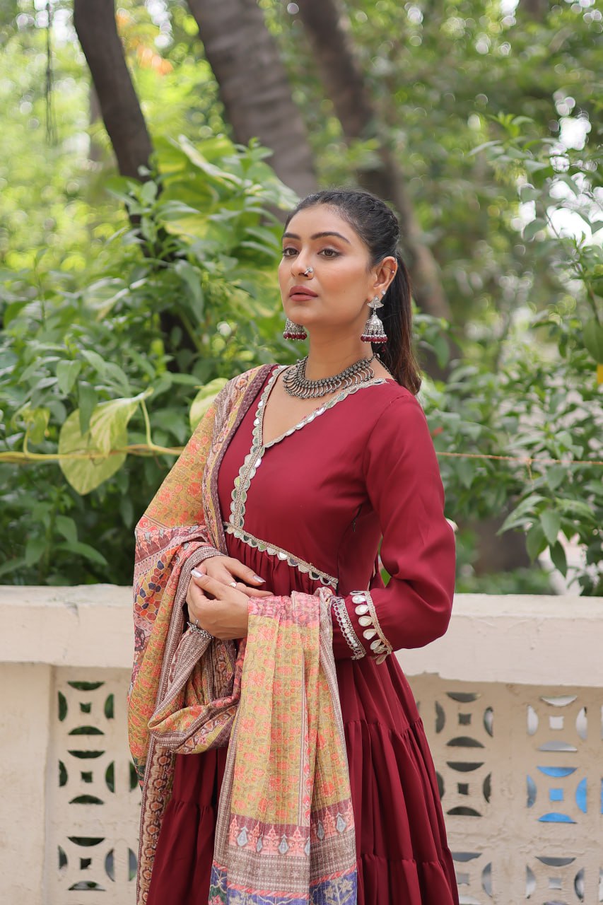 Women’s Ethnic Wear Designer Long Anarkali Gown with Elegant Detailing and Printed Dupatta