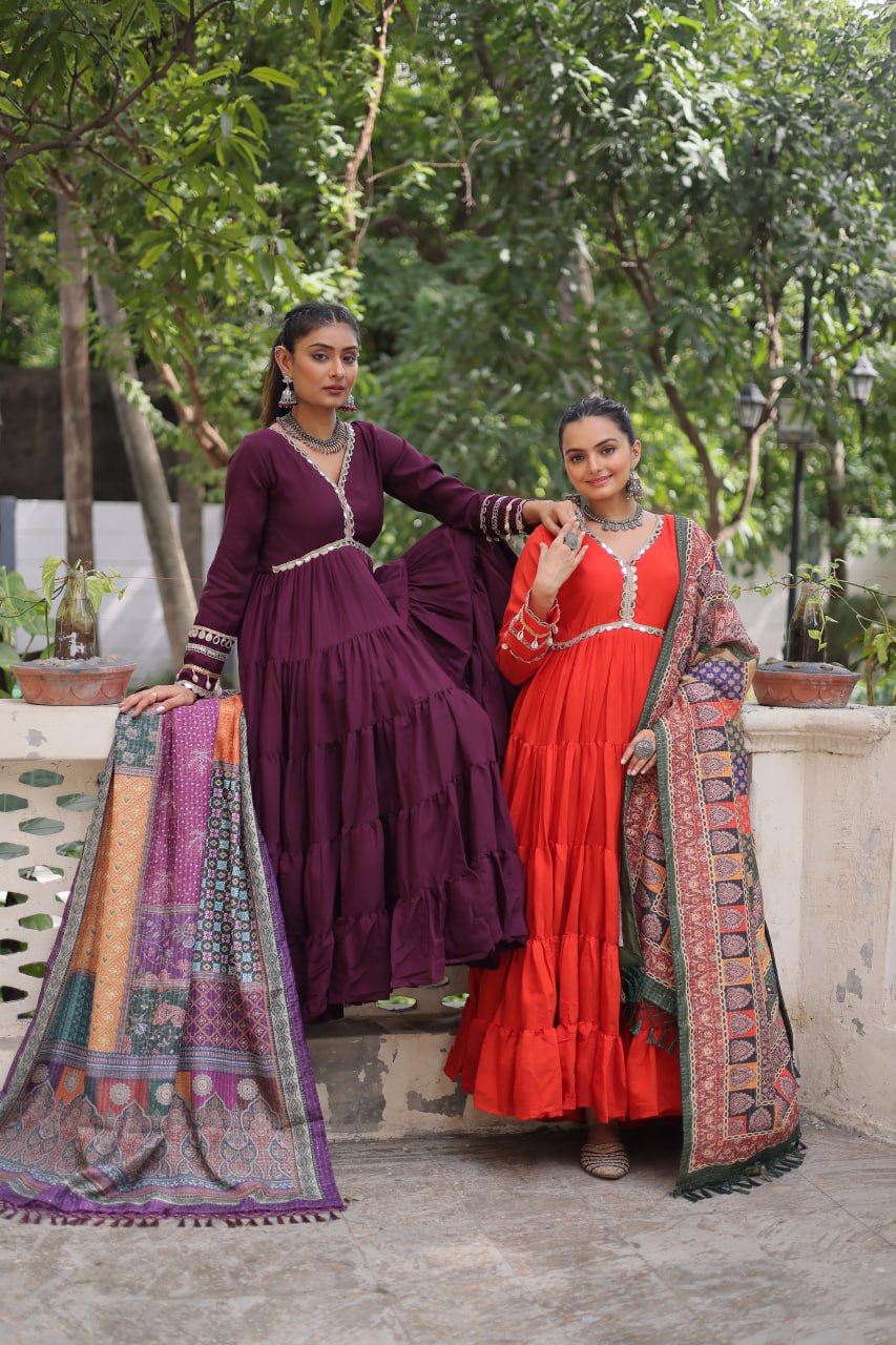 Women’s Ethnic Wear Designer Long Anarkali Gown with Elegant Detailing and Printed Dupatta