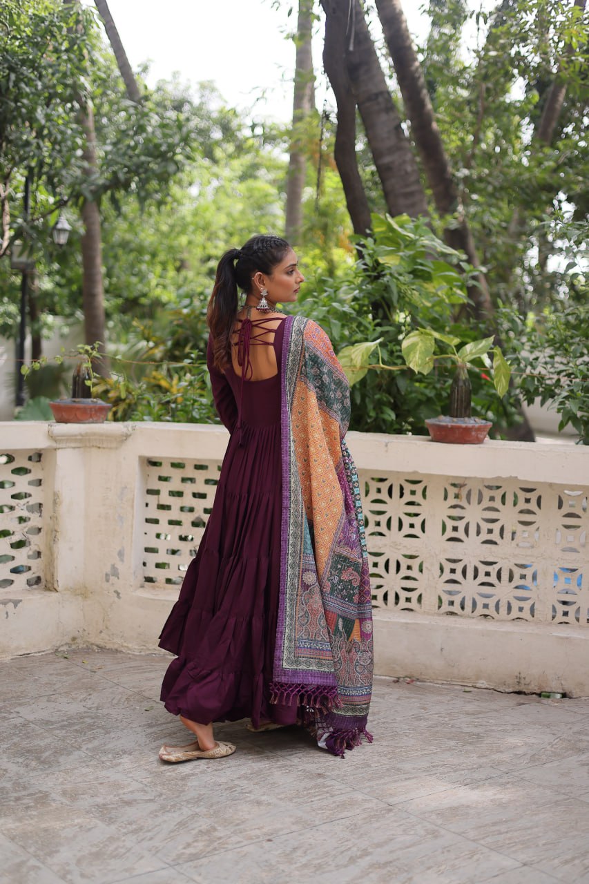 Women’s Ethnic Wear Designer Long Anarkali Gown with Elegant Detailing and Printed Dupatta