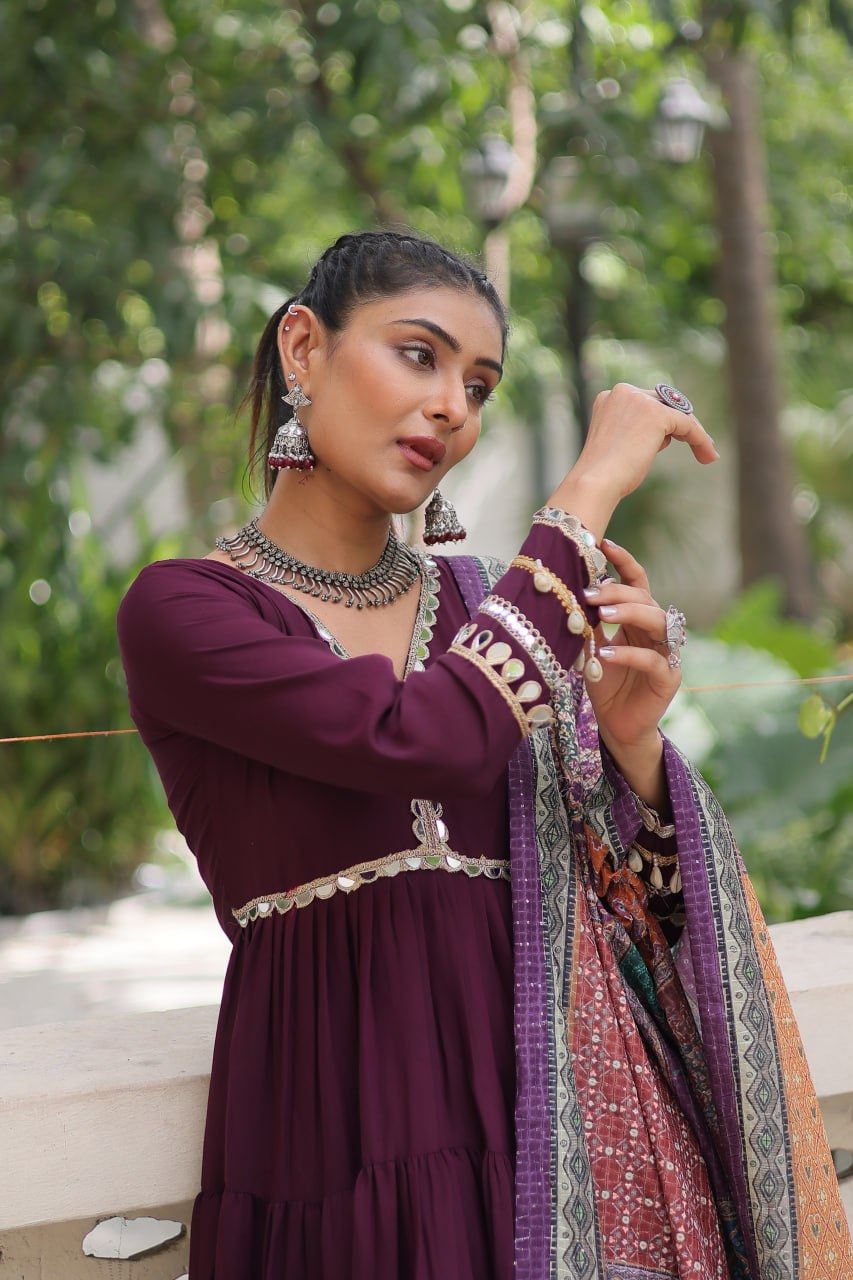 Women’s Ethnic Wear Designer Long Anarkali Gown with Elegant Detailing and Printed Dupatta