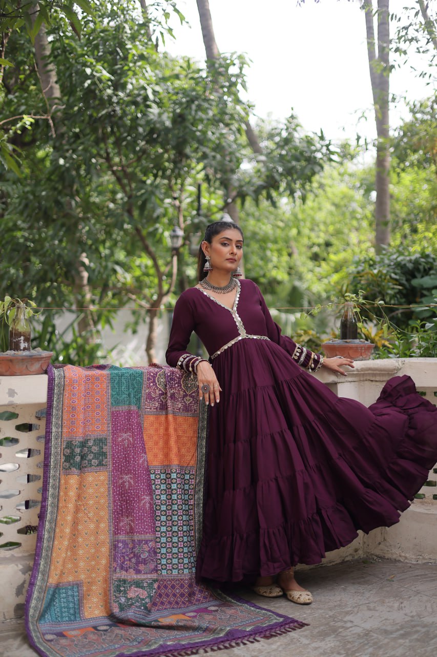 Women’s Ethnic Wear Designer Long Anarkali Gown with Elegant Detailing and Printed Dupatta