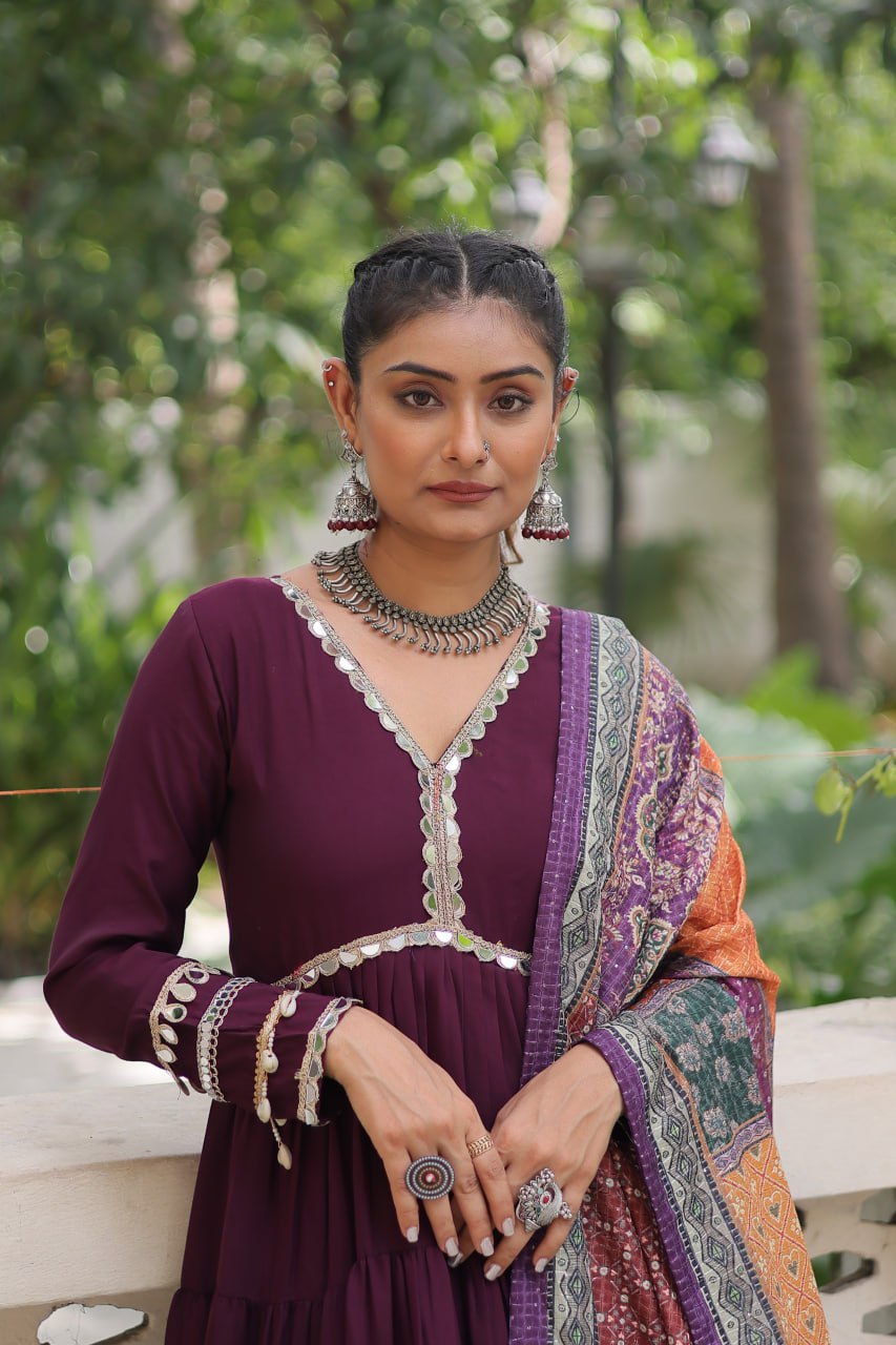 Women’s Ethnic Wear Designer Long Anarkali Gown with Elegant Detailing and Printed Dupatta