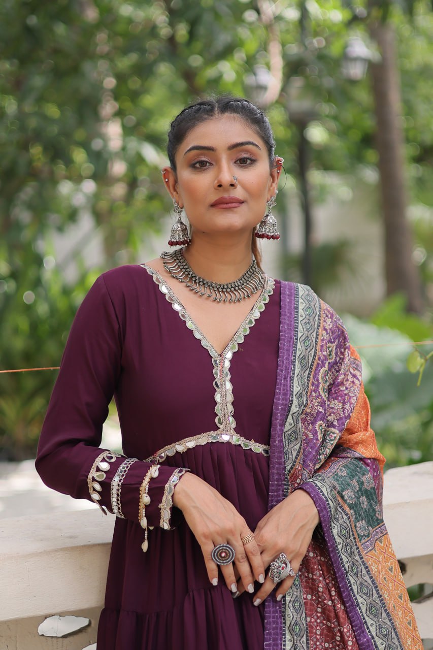 Women’s Ethnic Wear Designer Long Anarkali Gown with Elegant Detailing and Printed Dupatta