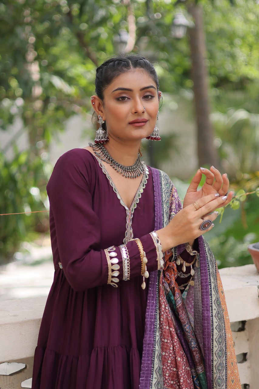 Women’s Ethnic Wear Designer Long Anarkali Gown with Elegant Detailing and Printed Dupatta