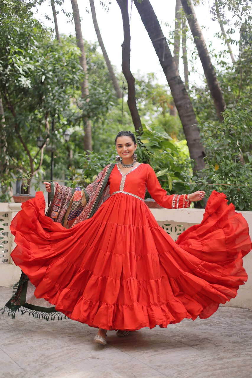 Women’s Ethnic Wear Designer Long Anarkali Gown with Elegant Detailing and Printed Dupatta