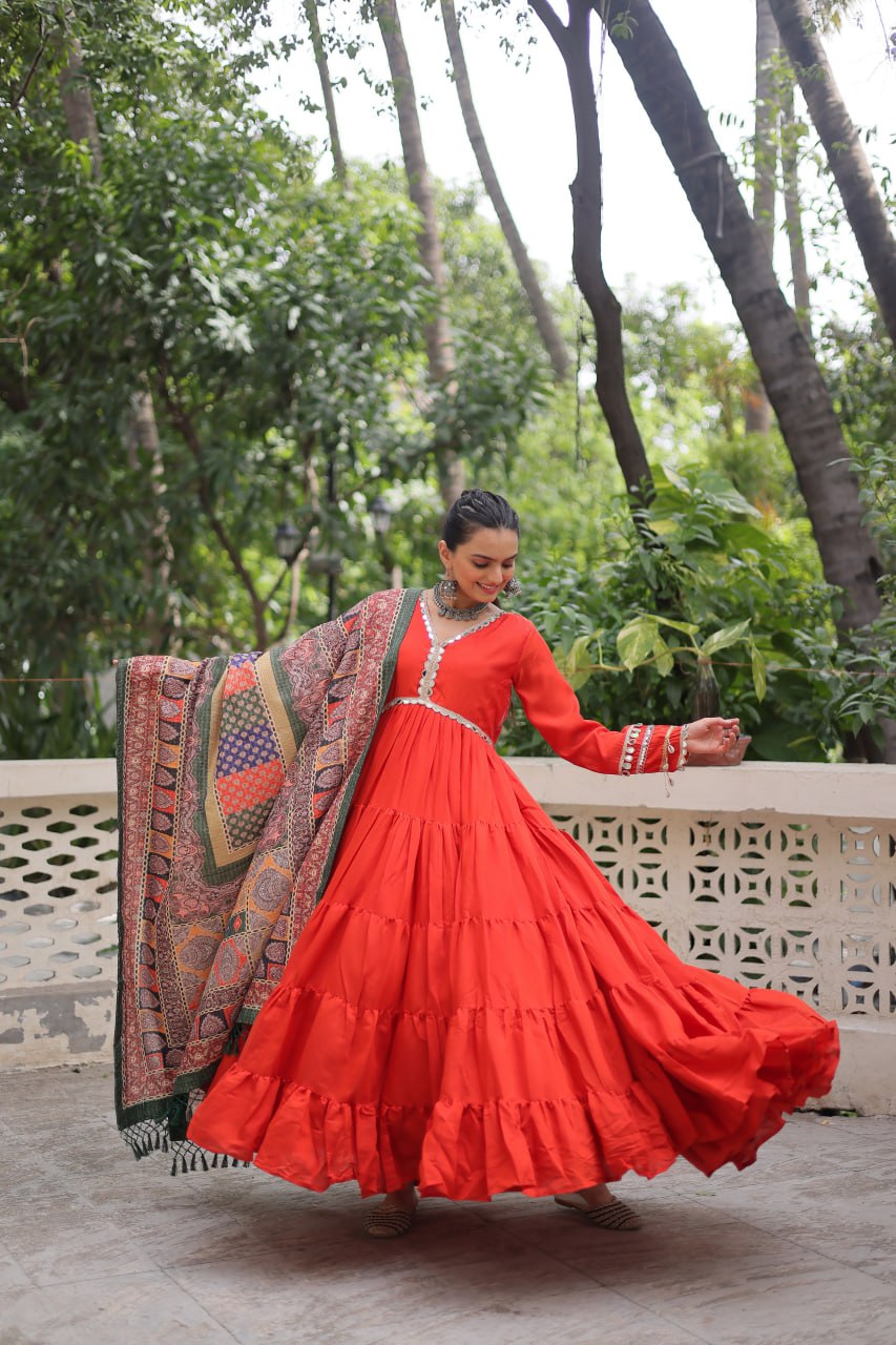 Women’s Ethnic Wear Designer Long Anarkali Gown with Elegant Detailing and Printed Dupatta