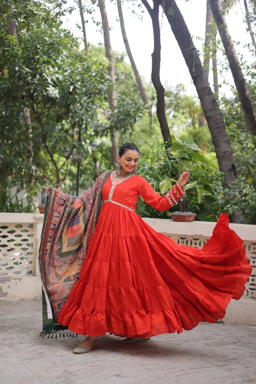 Women’s Ethnic Wear Designer Long Anarkali Gown with Elegant Detailing and Printed Dupatta