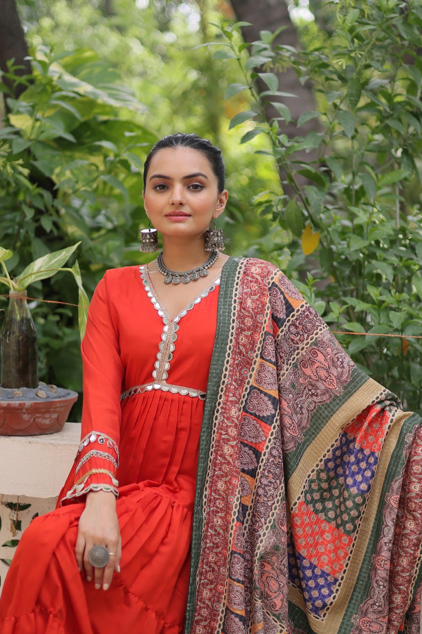 Women’s Ethnic Wear Designer Long Anarkali Gown with Elegant Detailing and Printed Dupatta