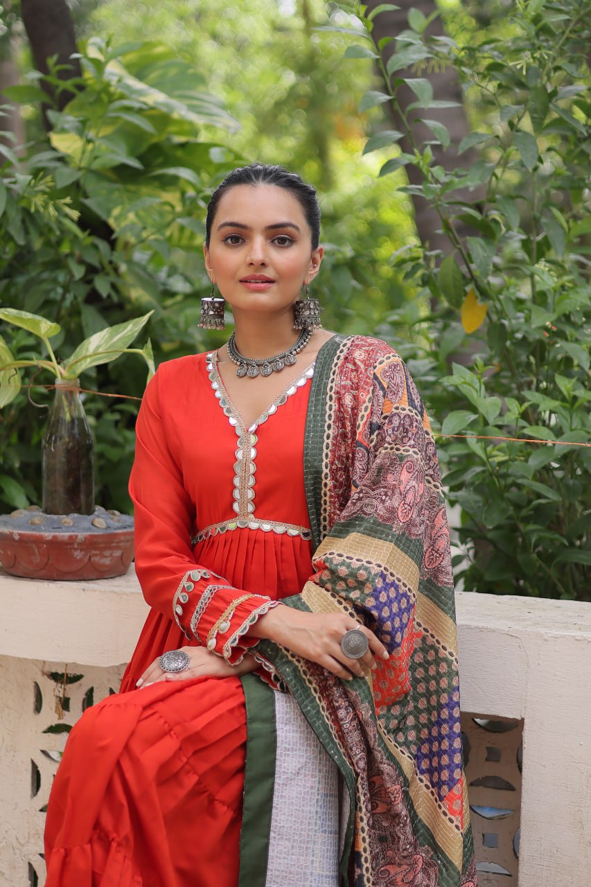 Women’s Ethnic Wear Designer Long Anarkali Gown with Elegant Detailing and Printed Dupatta