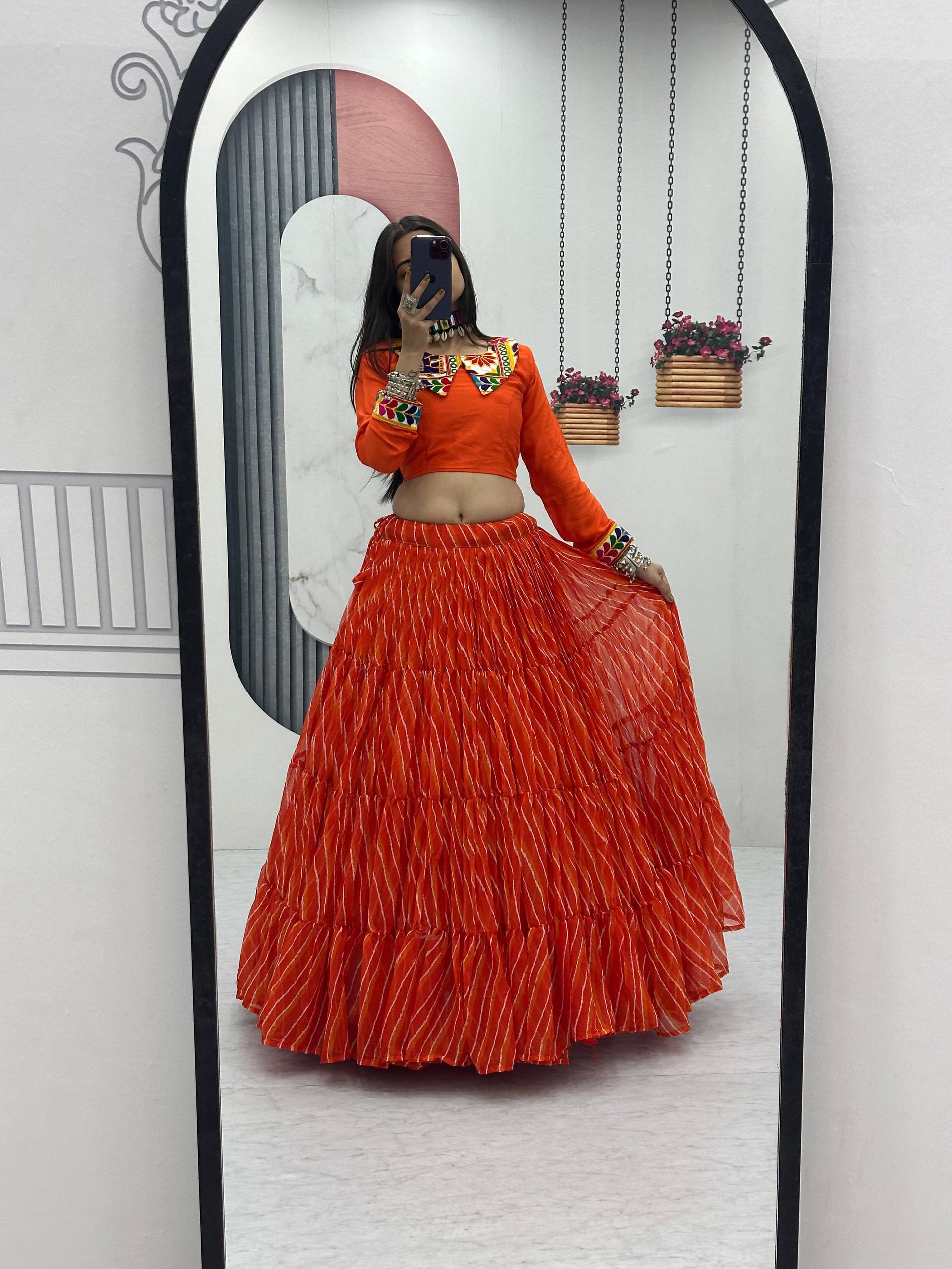 Ethnic Orange Bandhani Print Lehenga Choli for Women | Festive Wear Garba & Wedding Outfit with Mirror Work Blouse