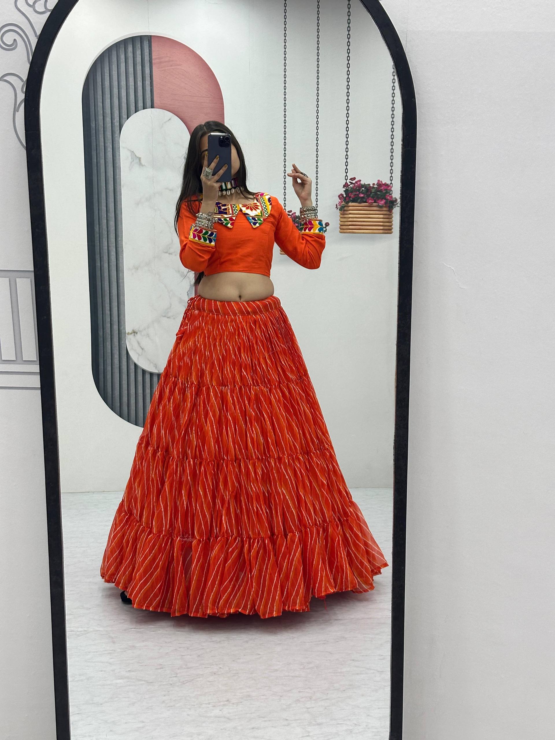 Ethnic Orange Bandhani Print Lehenga Choli for Women | Festive Wear Garba & Wedding Outfit with Mirror Work Blouse