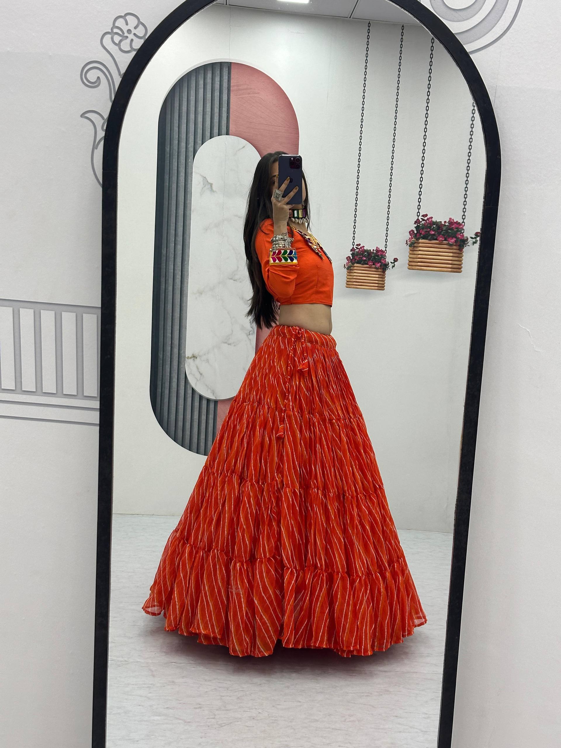 Ethnic Orange Bandhani Print Lehenga Choli for Women | Festive Wear Garba & Wedding Outfit with Mirror Work Blouse