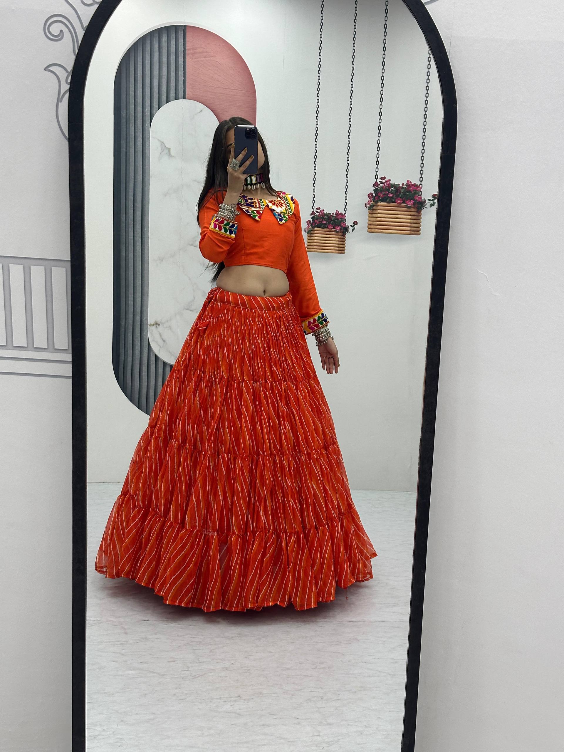 Ethnic Orange Bandhani Print Lehenga Choli for Women | Festive Wear Garba & Wedding Outfit with Mirror Work Blouse