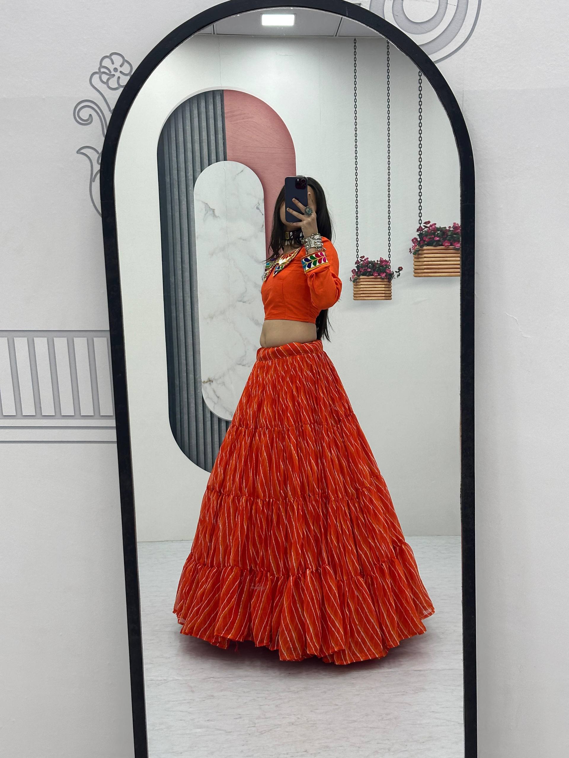 Ethnic Orange Bandhani Print Lehenga Choli for Women | Festive Wear Garba & Wedding Outfit with Mirror Work Blouse