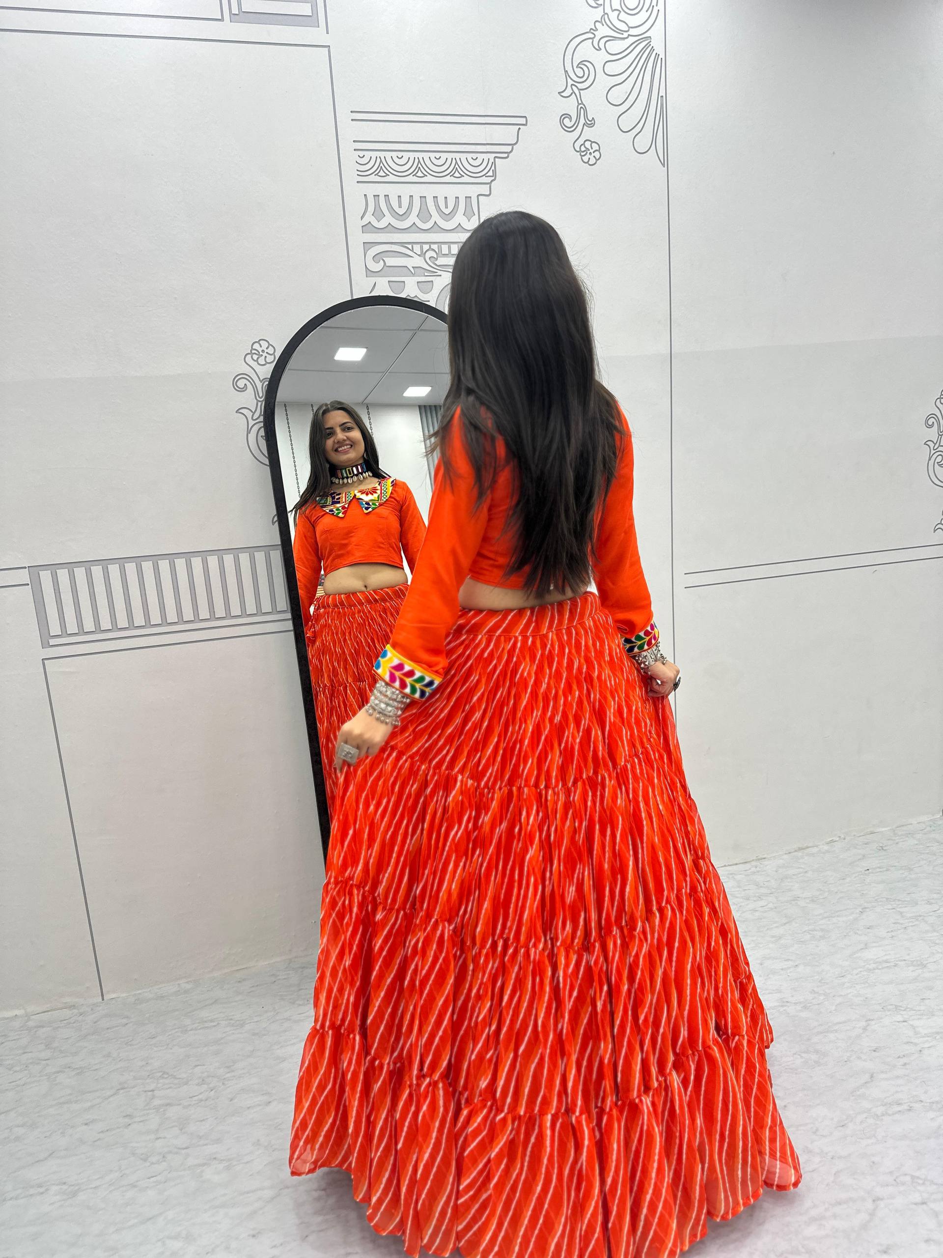 Ethnic Orange Bandhani Print Lehenga Choli for Women | Festive Wear Garba & Wedding Outfit with Mirror Work Blouse