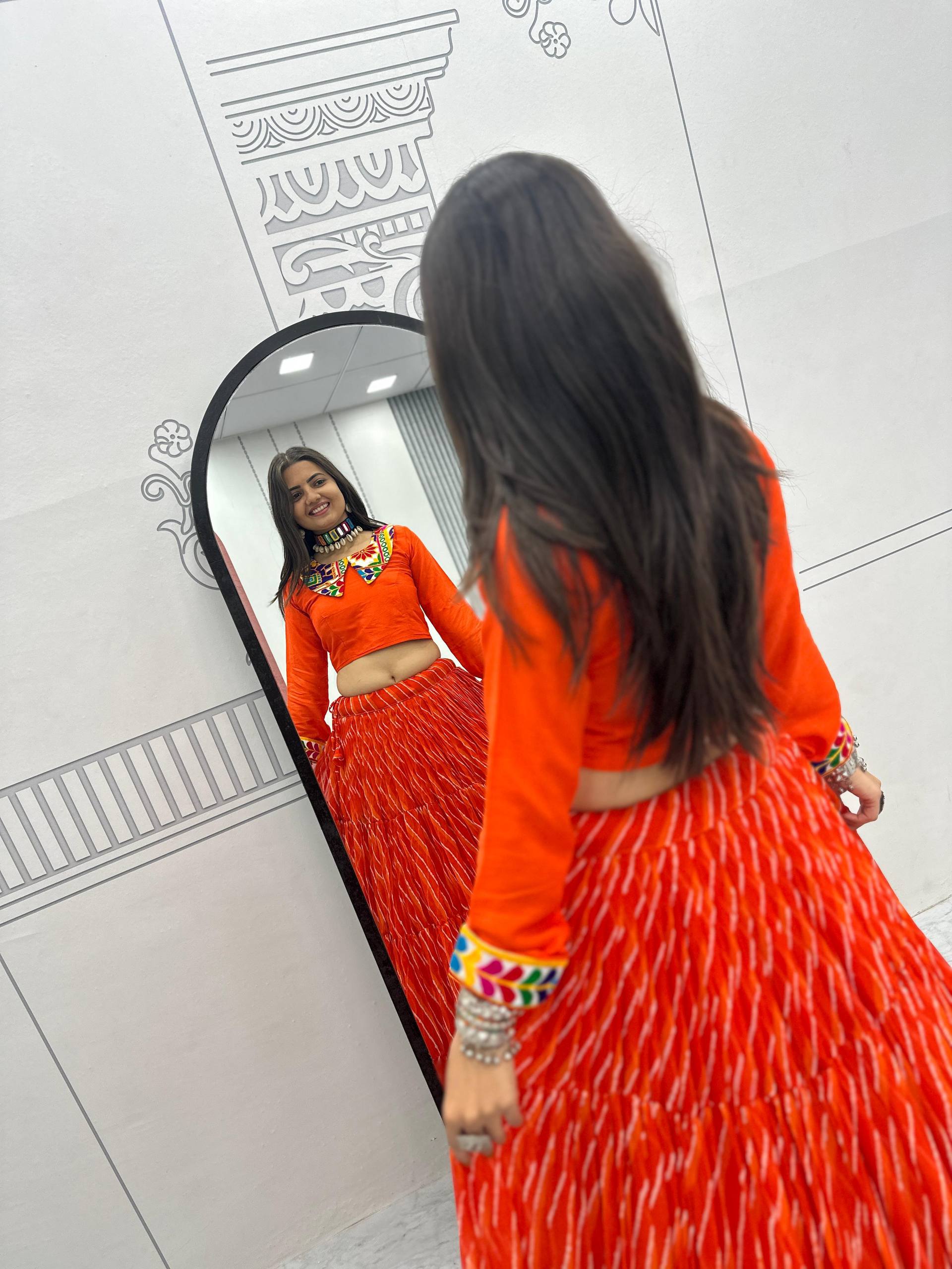 Ethnic Orange Bandhani Print Lehenga Choli for Women | Festive Wear Garba & Wedding Outfit with Mirror Work Blouse