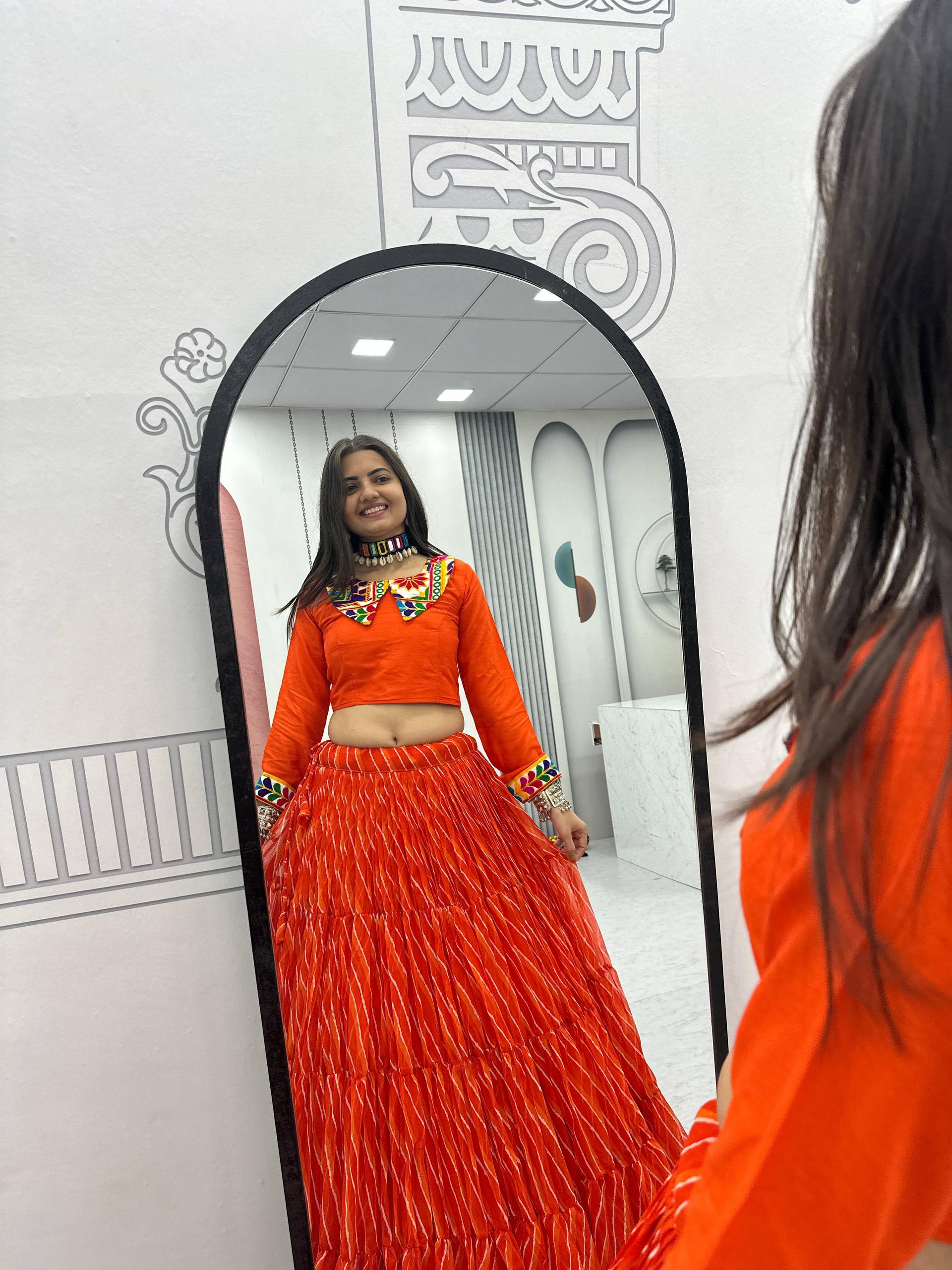 Ethnic Orange Bandhani Print Lehenga Choli for Women | Festive Wear Garba & Wedding Outfit with Mirror Work Blouse