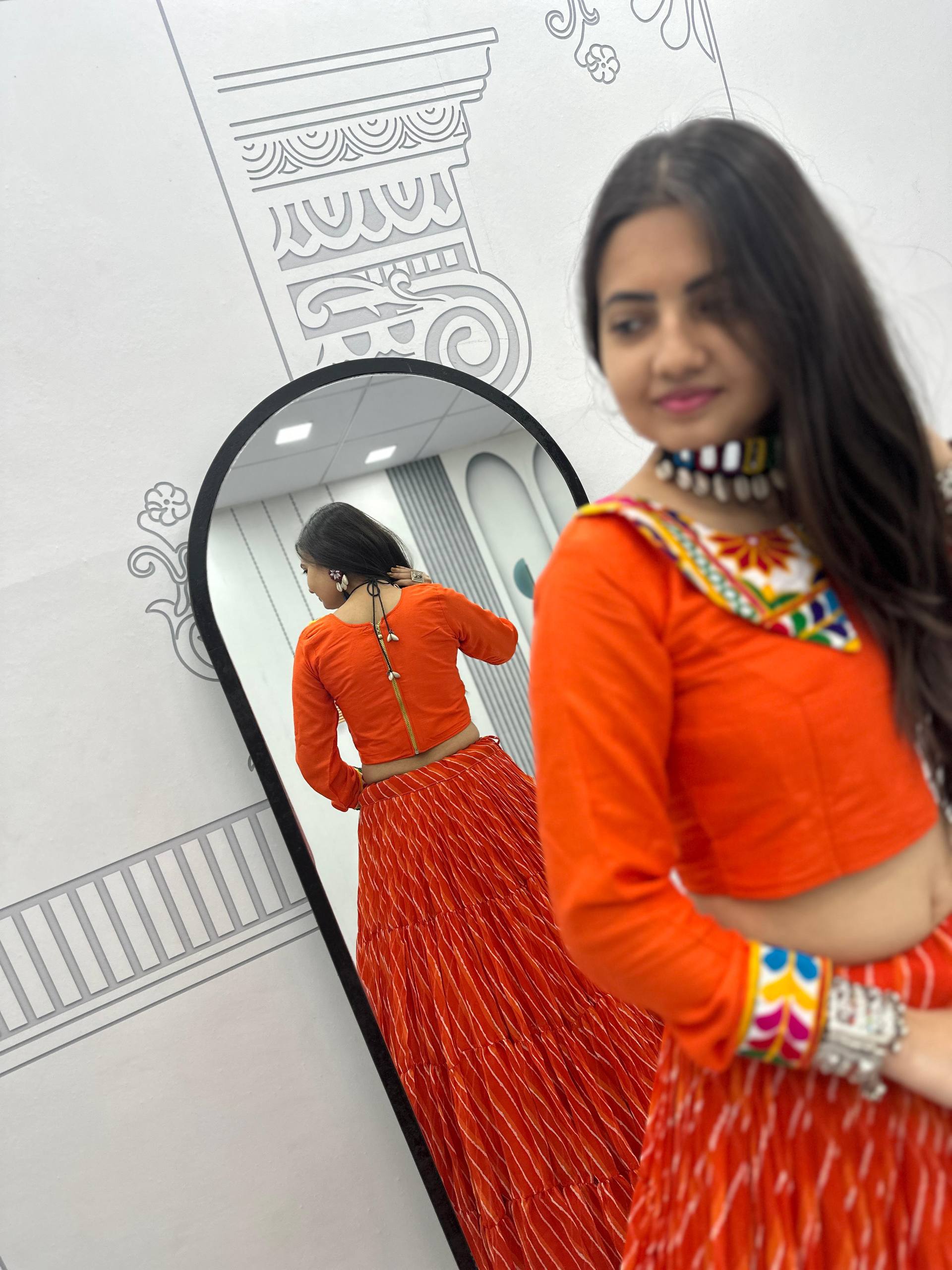 Ethnic Orange Bandhani Print Lehenga Choli for Women | Festive Wear Garba & Wedding Outfit with Mirror Work Blouse