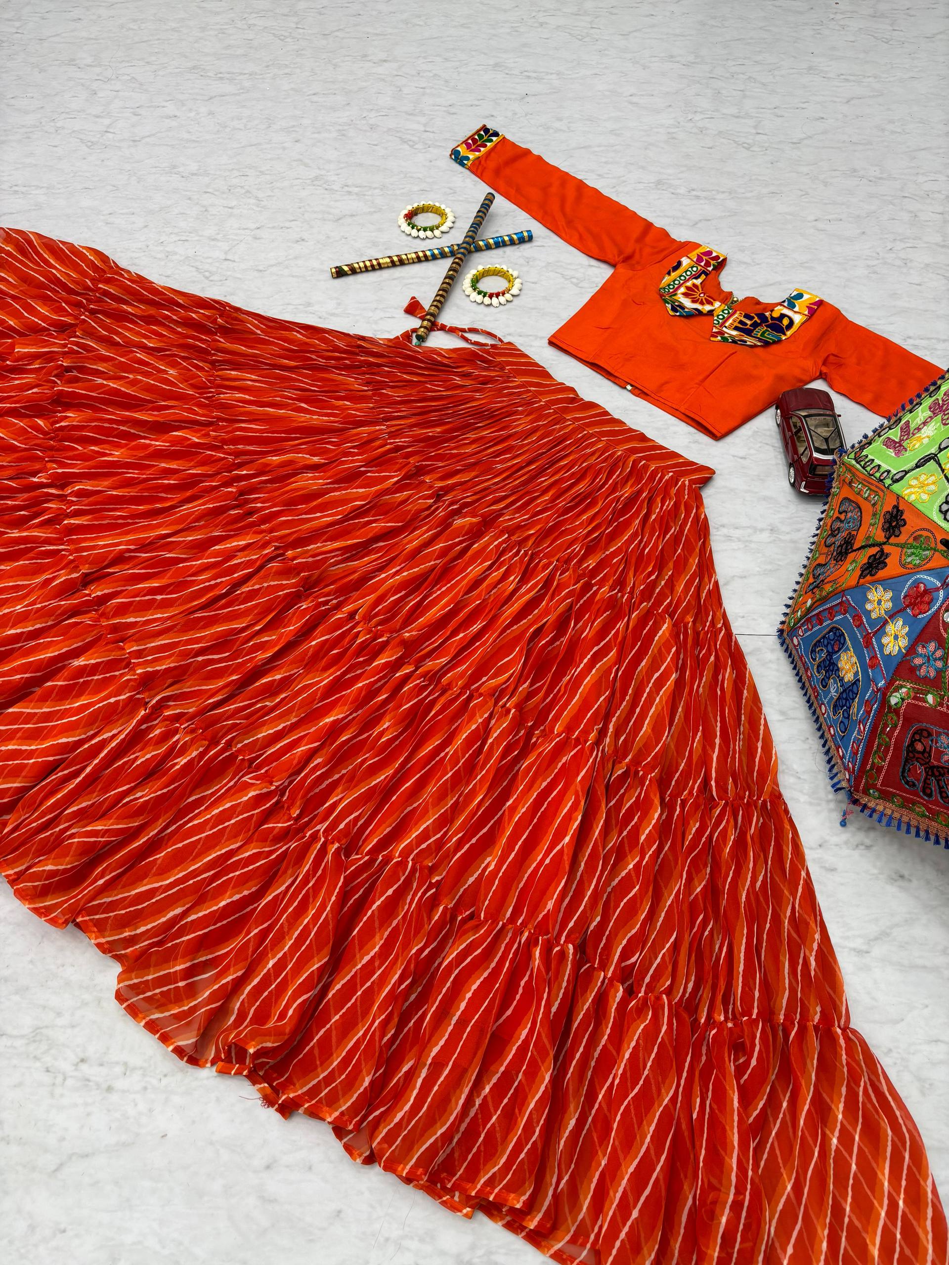 Ethnic Orange Bandhani Print Lehenga Choli for Women | Festive Wear Garba & Wedding Outfit with Mirror Work Blouse
