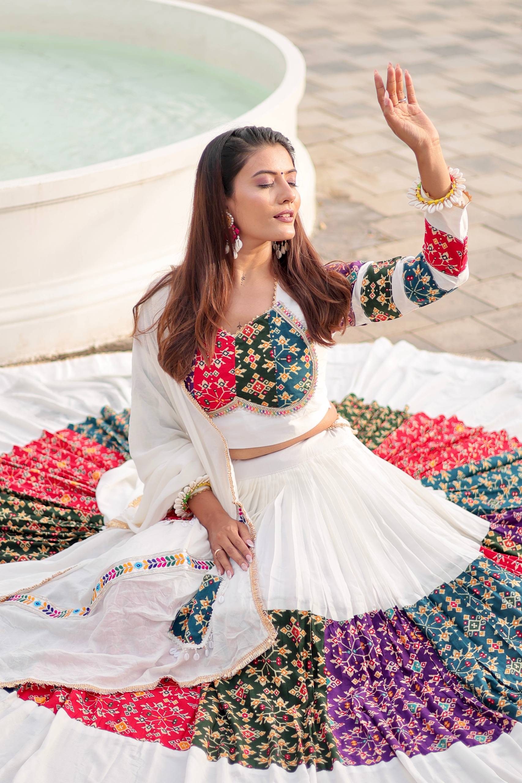 Women’s White Lehenga Choli with Colorful Embroidery & Patchwork Dupatta | Ethnic Ghagra Choli for Wedding, Navratri & Festive Wear