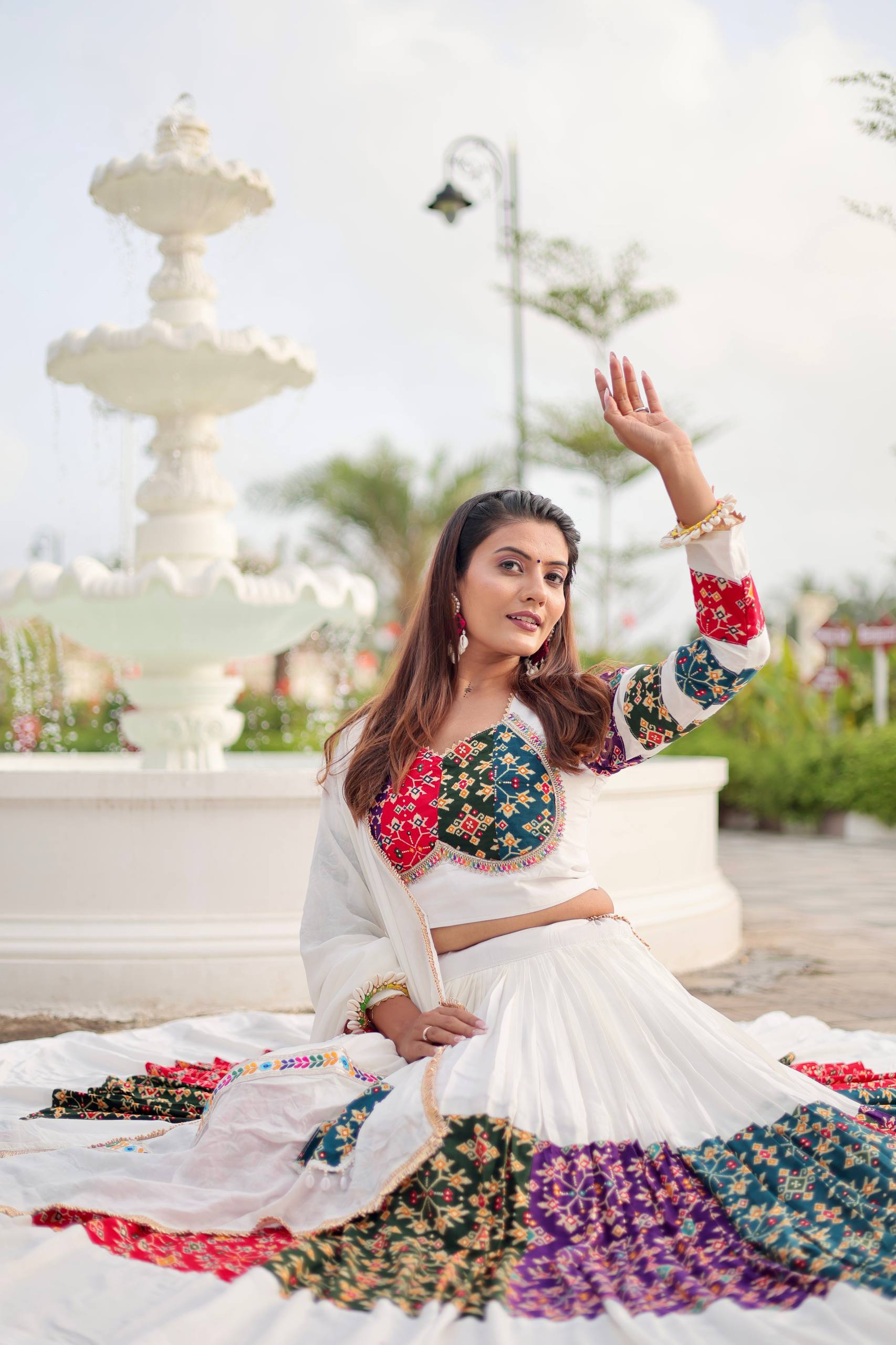 Women’s White Lehenga Choli with Colorful Embroidery & Patchwork Dupatta | Ethnic Ghagra Choli for Wedding, Navratri & Festive Wear