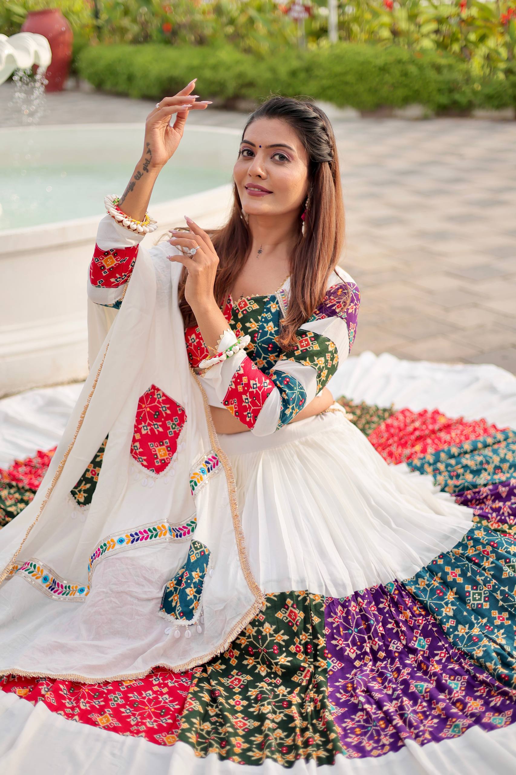 Women’s White Lehenga Choli with Colorful Embroidery & Patchwork Dupatta | Ethnic Ghagra Choli for Wedding, Navratri & Festive Wear