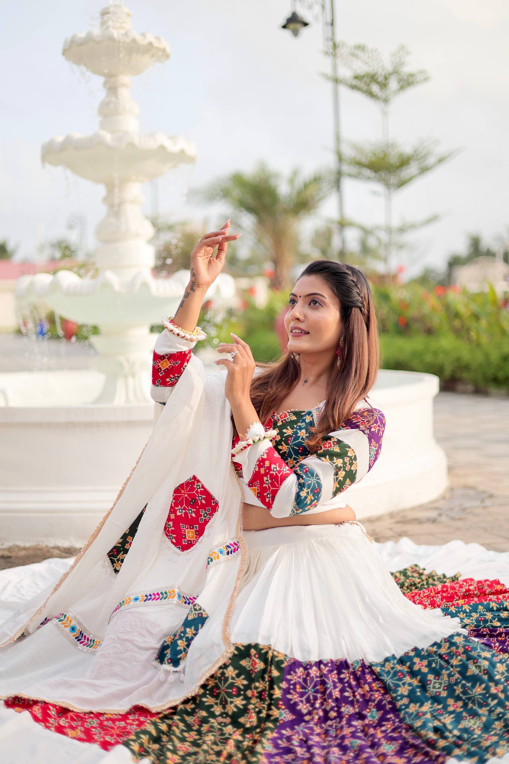 Women’s White Lehenga Choli with Colorful Embroidery & Patchwork Dupatta | Ethnic Ghagra Choli for Wedding, Navratri & Festive Wear