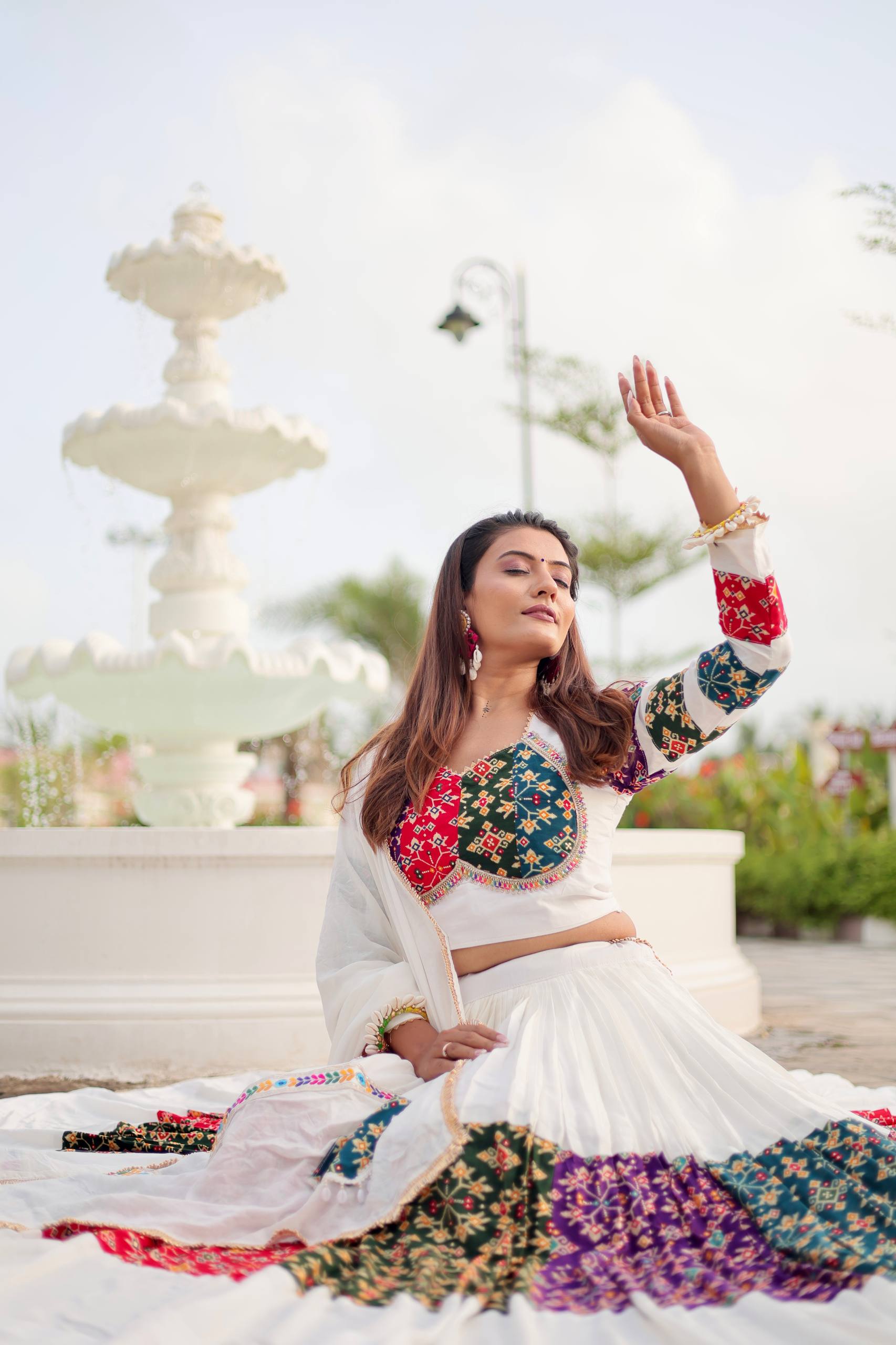 Women’s White Lehenga Choli with Colorful Embroidery & Patchwork Dupatta | Ethnic Ghagra Choli for Wedding, Navratri & Festive Wear