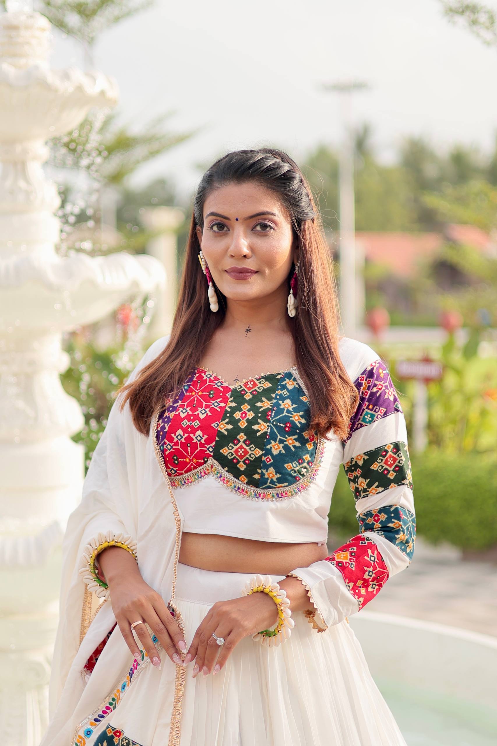 Women’s White Lehenga Choli with Colorful Embroidery & Patchwork Dupatta | Ethnic Ghagra Choli for Wedding, Navratri & Festive Wear