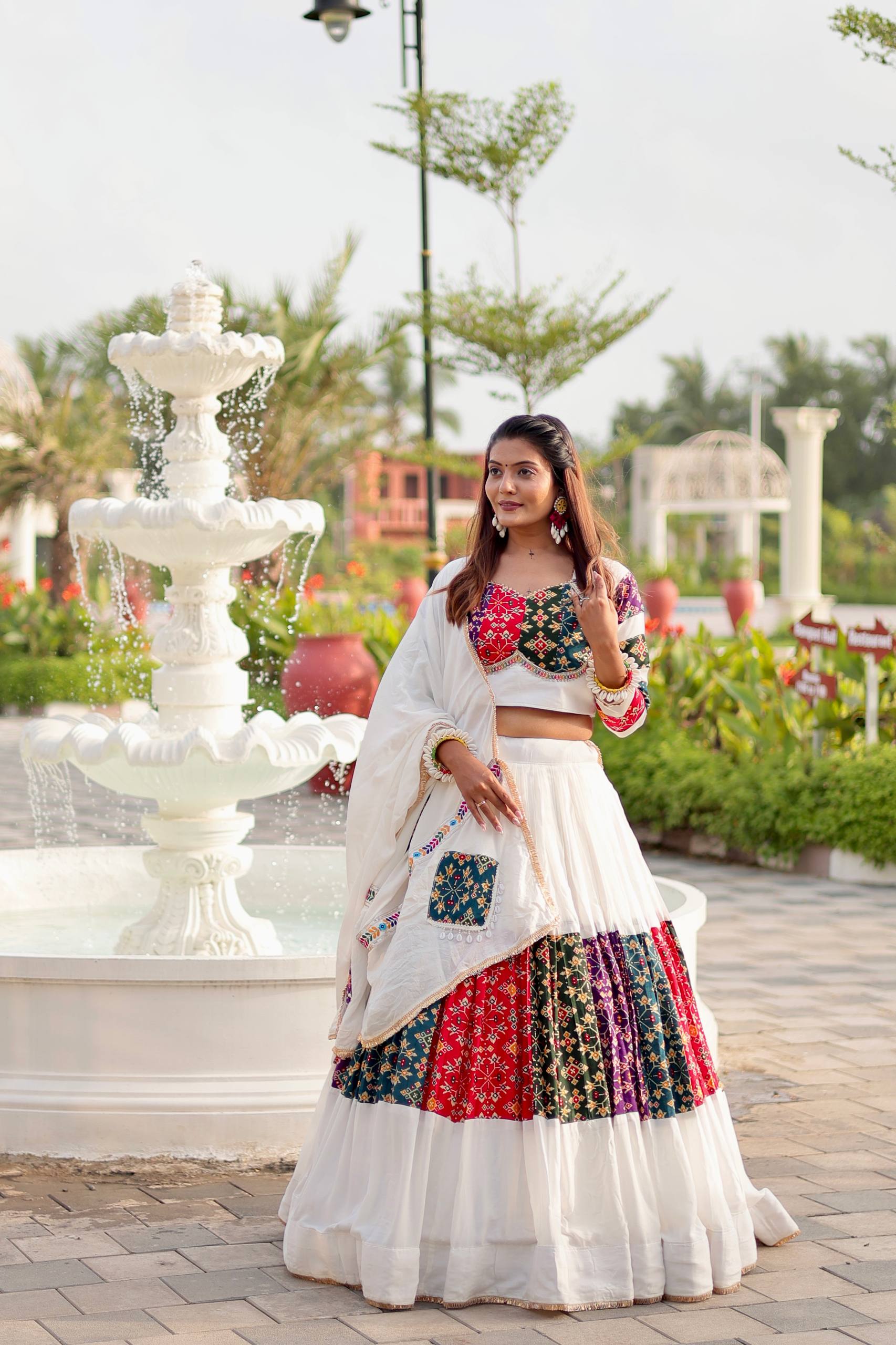 Women’s White Lehenga Choli with Colorful Embroidery & Patchwork Dupatta | Ethnic Ghagra Choli for Wedding, Navratri & Festive Wear