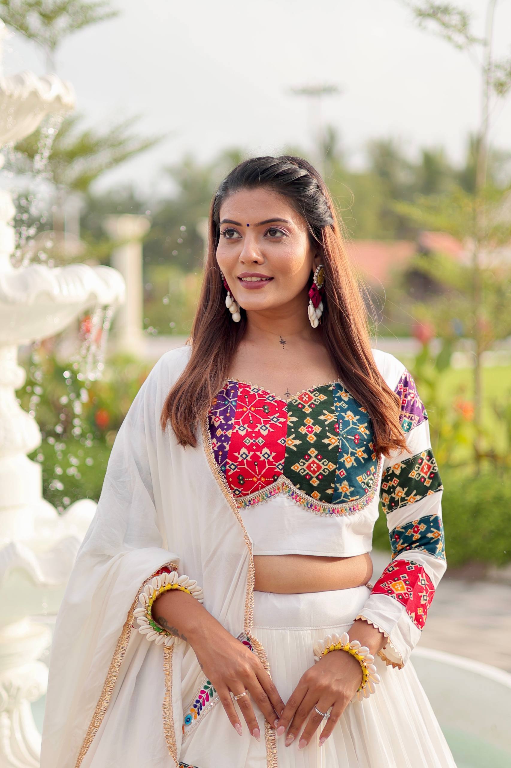 Women’s White Lehenga Choli with Colorful Embroidery & Patchwork Dupatta | Ethnic Ghagra Choli for Wedding, Navratri & Festive Wear