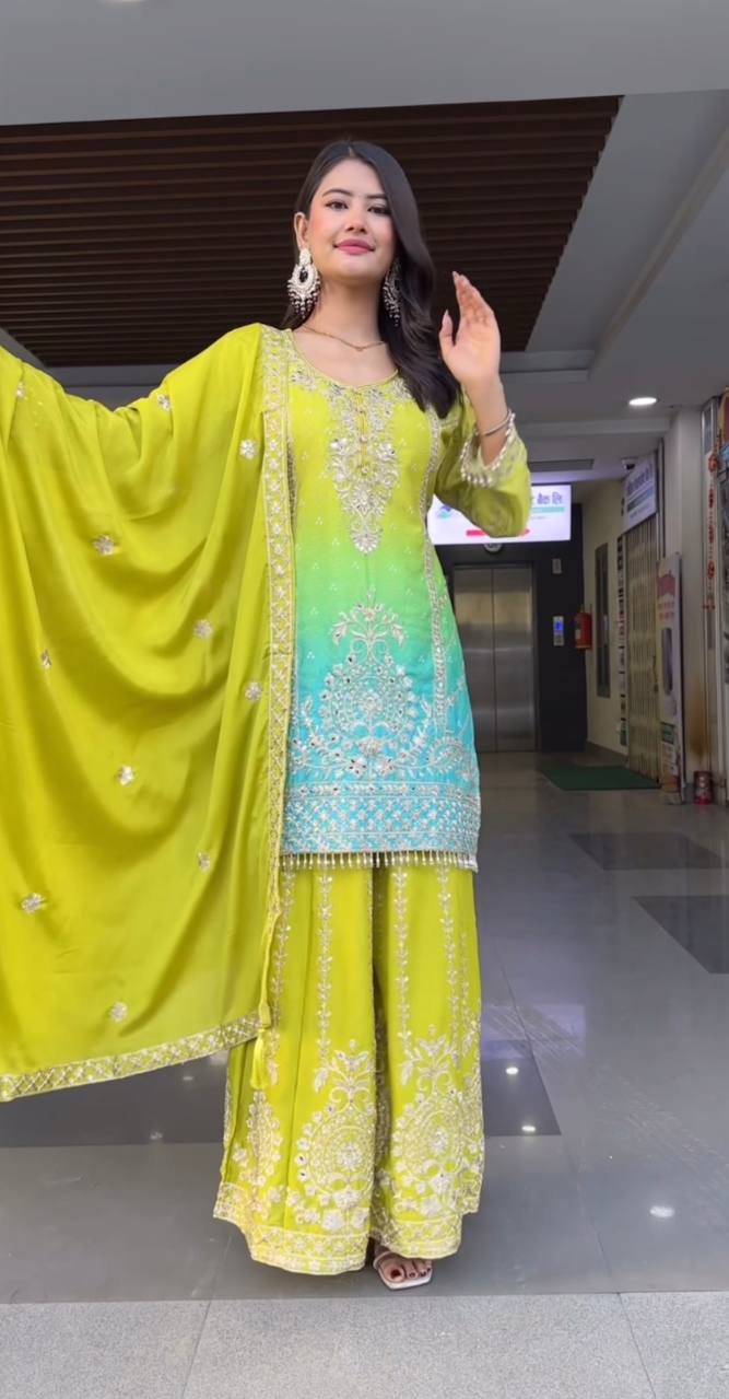 Designer Ombre Sharara Suit Set with Heavy Silver Embroidery, Beaded Hem Kurta, Flared Sharara Pants & Matching Dupatta – Perfect for Wedding, Festive & Party Wear