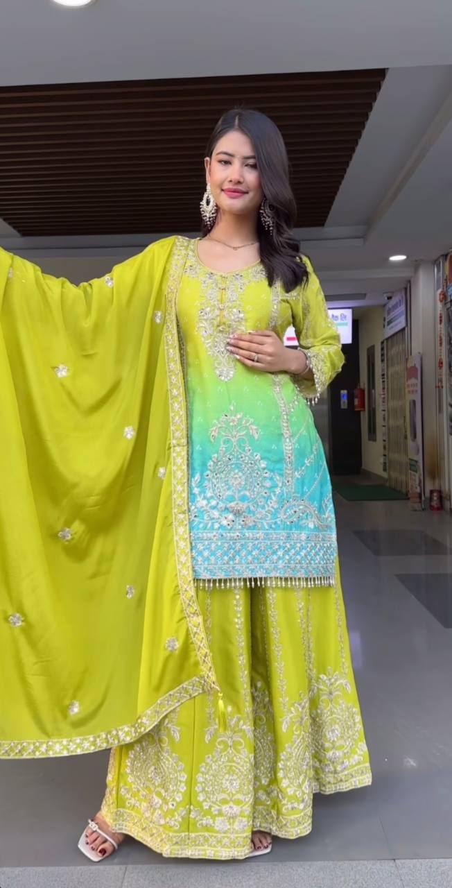 Designer Ombre Sharara Suit Set with Heavy Silver Embroidery, Beaded Hem Kurta, Flared Sharara Pants & Matching Dupatta – Perfect for Wedding, Festive & Party Wear