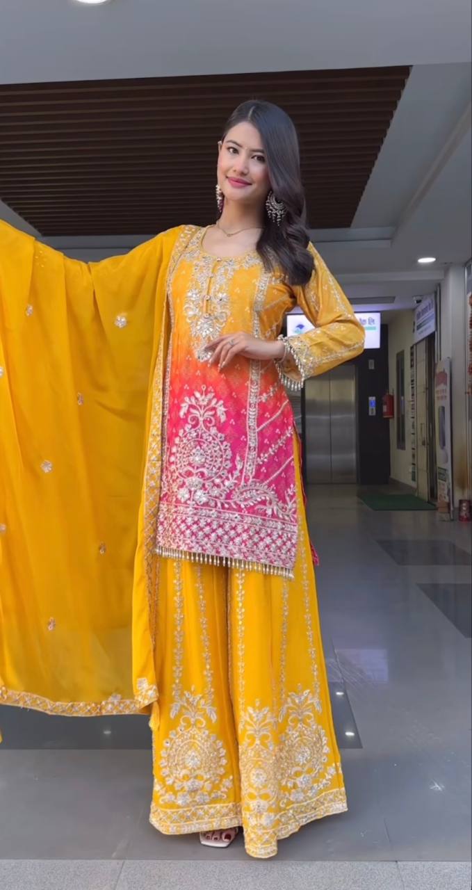 Designer Ombre Sharara Suit Set with Heavy Silver Embroidery, Beaded Hem Kurta, Flared Sharara Pants & Matching Dupatta – Perfect for Wedding, Festive & Party Wear