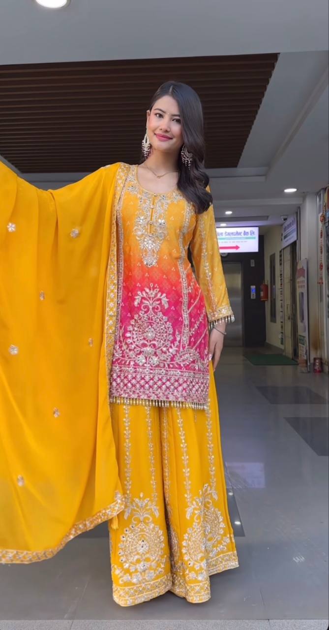 Designer Ombre Sharara Suit Set with Heavy Silver Embroidery, Beaded Hem Kurta, Flared Sharara Pants & Matching Dupatta – Perfect for Wedding, Festive & Party Wear