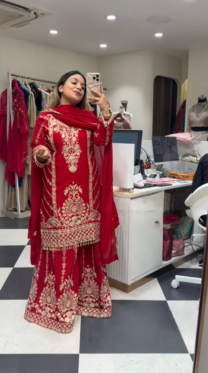 Designer Ombre Sharara Suit Set with Heavy Silver Embroidery, Beaded Hem Kurta, Flared Sharara Pants & Matching Dupatta – Perfect for Wedding, Festive & Party Wear