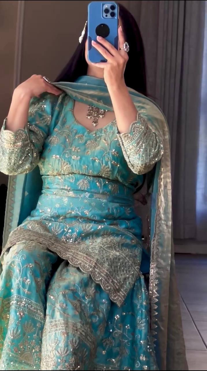 Heavy Embroidered Sharara Suit Set with Intricate Golden Threadwork, Scalloped Hem Kurta, Flared Sharara Pants & Matching Dupatta – Perfect for Wedding, Festive & Party Wear