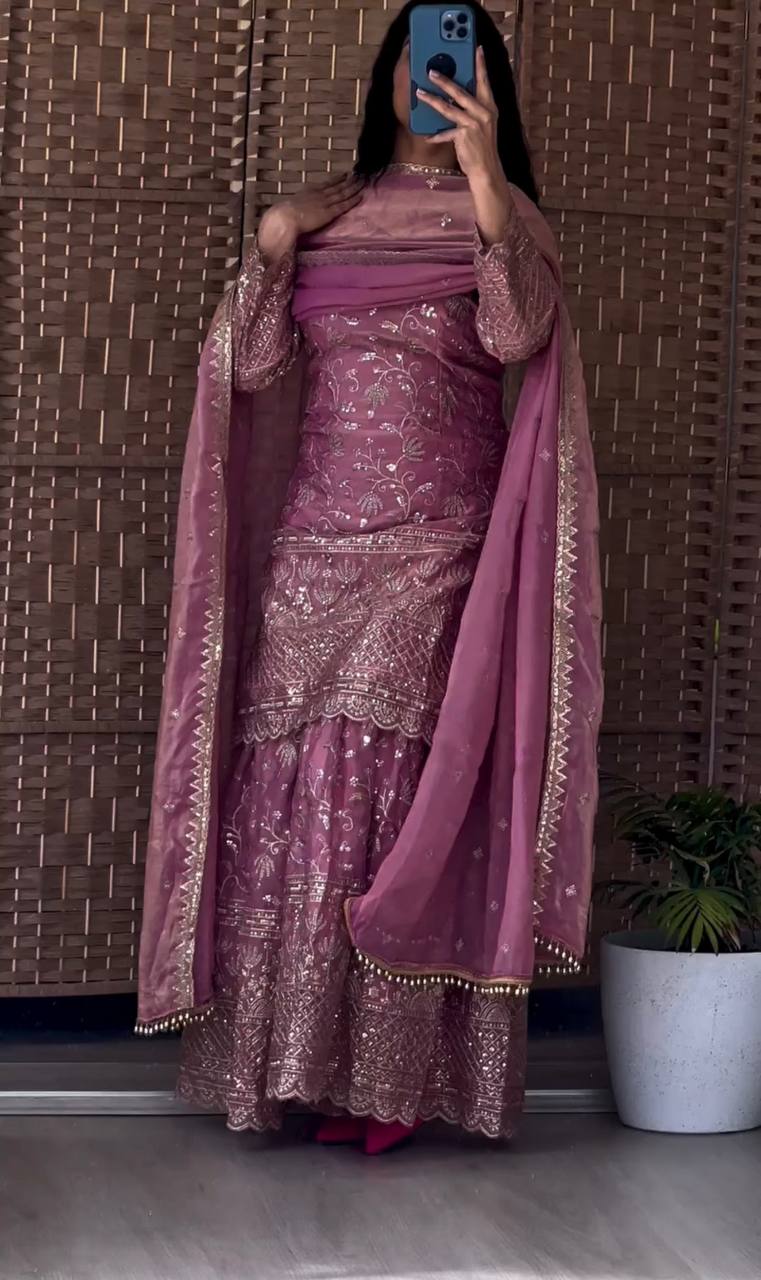 Heavy Embroidered Sharara Suit Set with Intricate Golden Threadwork, Scalloped Hem Kurta, Flared Sharara Pants & Matching Dupatta – Perfect for Wedding, Festive & Party Wear