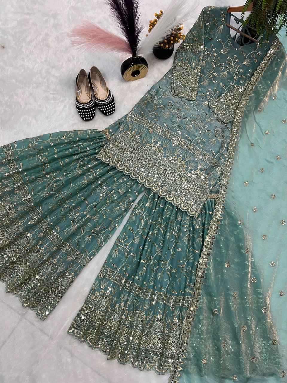 Heavy Embroidered Sharara Suit Set with Intricate Golden Threadwork, Scalloped Hem Kurta, Flared Sharara Pants & Matching Dupatta – Perfect for Wedding, Festive & Party Wear