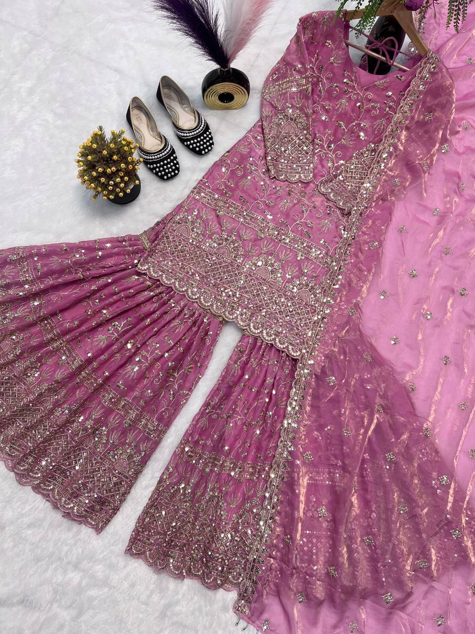 Heavy Embroidered Sharara Suit Set with Intricate Golden Threadwork, Scalloped Hem Kurta, Flared Sharara Pants & Matching Dupatta – Perfect for Wedding, Festive & Party Wear