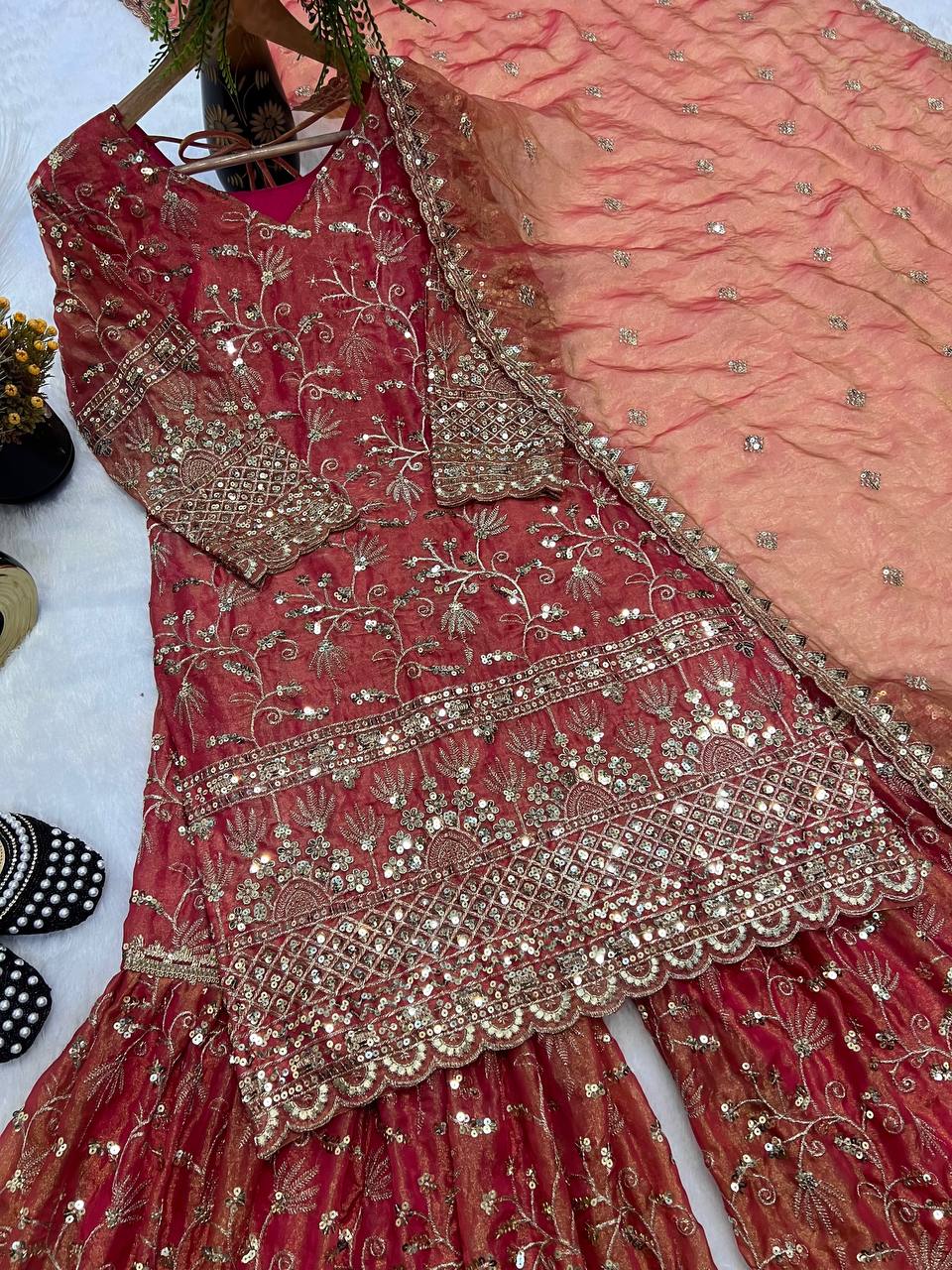 Heavy Embroidered Sharara Suit Set with Intricate Golden Threadwork, Scalloped Hem Kurta, Flared Sharara Pants & Matching Dupatta – Perfect for Wedding, Festive & Party Wear