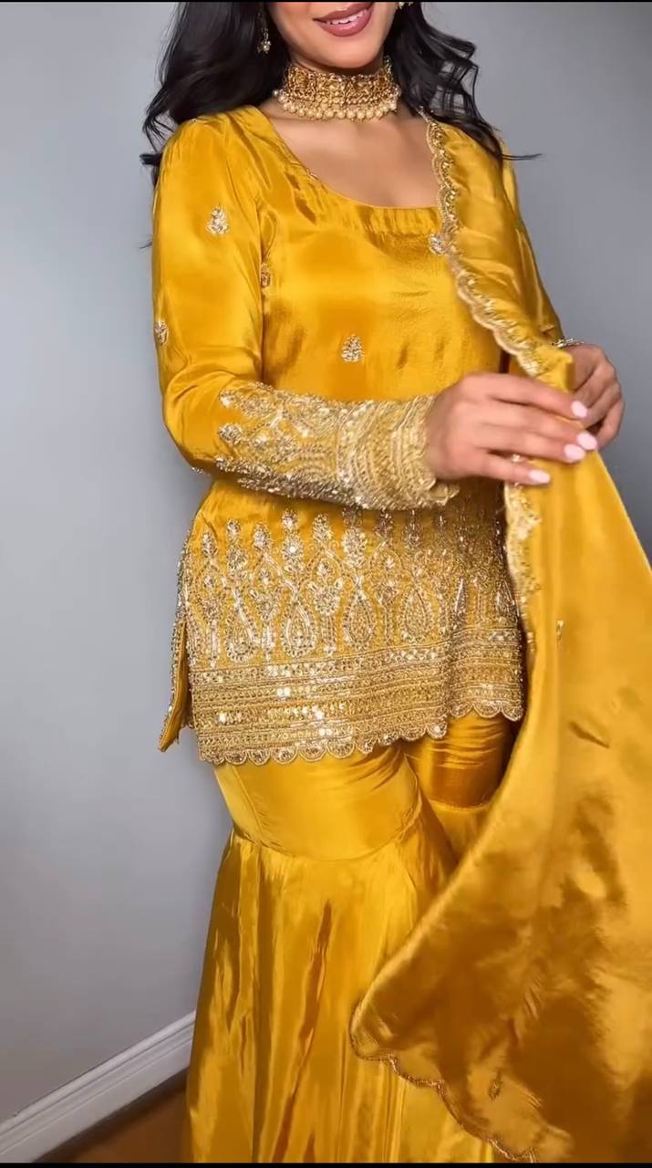 "Golden Glow Embroidered Sharara Suit Set"