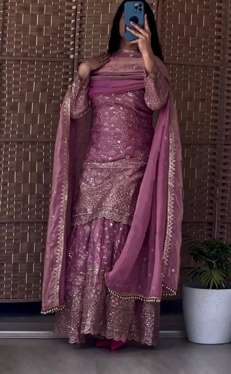 Women’s Designer Pink Sharara Suit Set with Heavy Golden Embroidery, Short Kurta and Flared Sharara Pants with Orange Dupatta – Perfect for Wedding, Party and Festive Wear