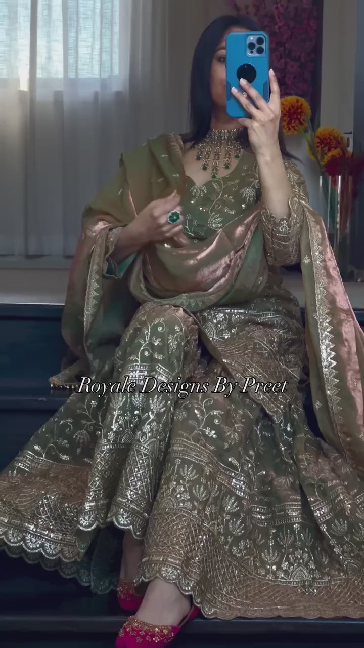 Heavy Embroidered Sharara Suit Set with Intricate Golden Threadwork, Scalloped Hem Kurta, Flared Sharara Pants & Matching Dupatta – Perfect for Wedding, Festive & Party Wear