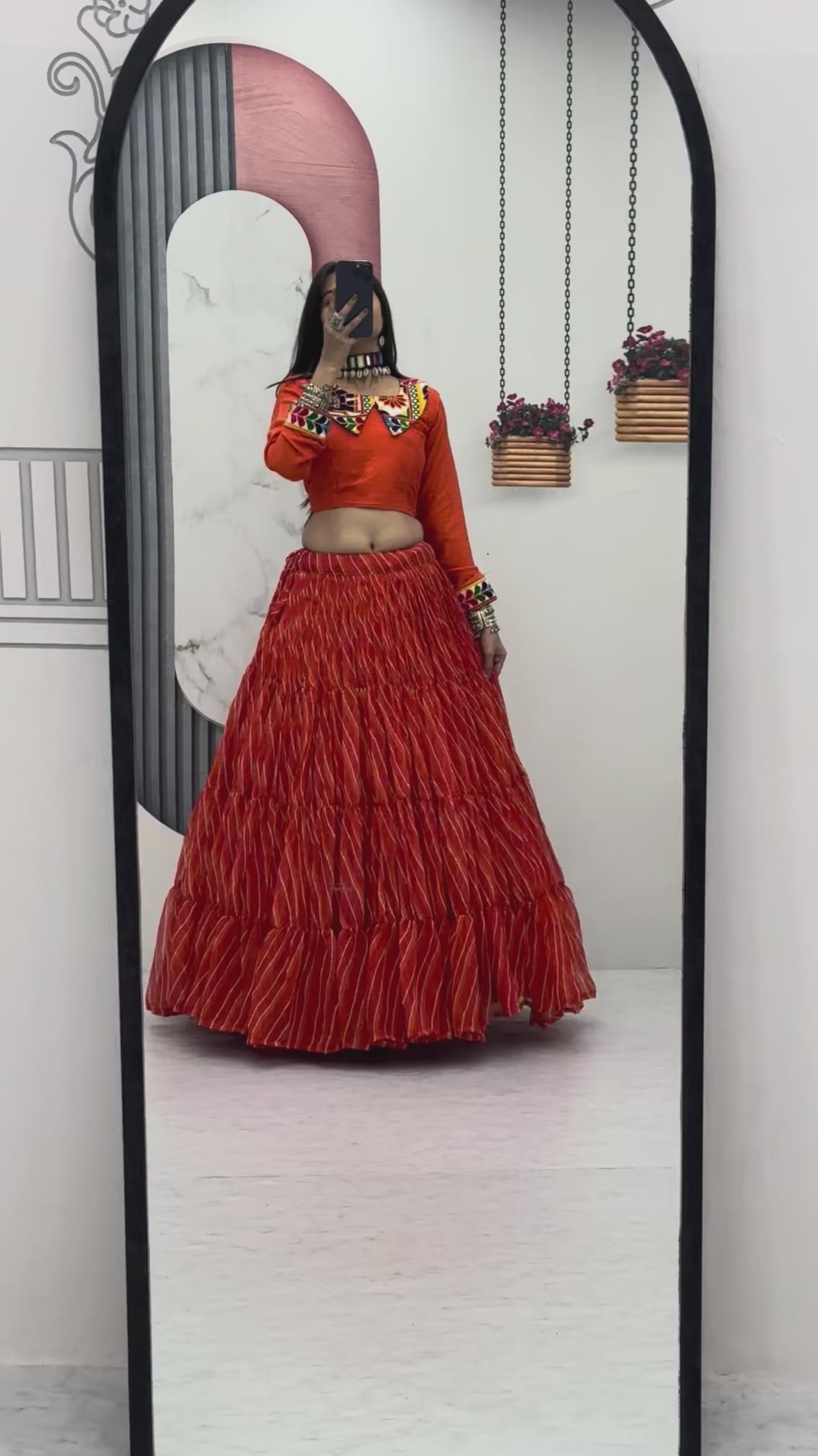 Ethnic Orange Bandhani Print Lehenga Choli for Women | Festive Wear Garba & Wedding Outfit with Mirror Work Blouse